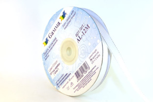 Лента атласная 12 мм двухстор. с металл. нитью "Gamma" №001белый/серебро